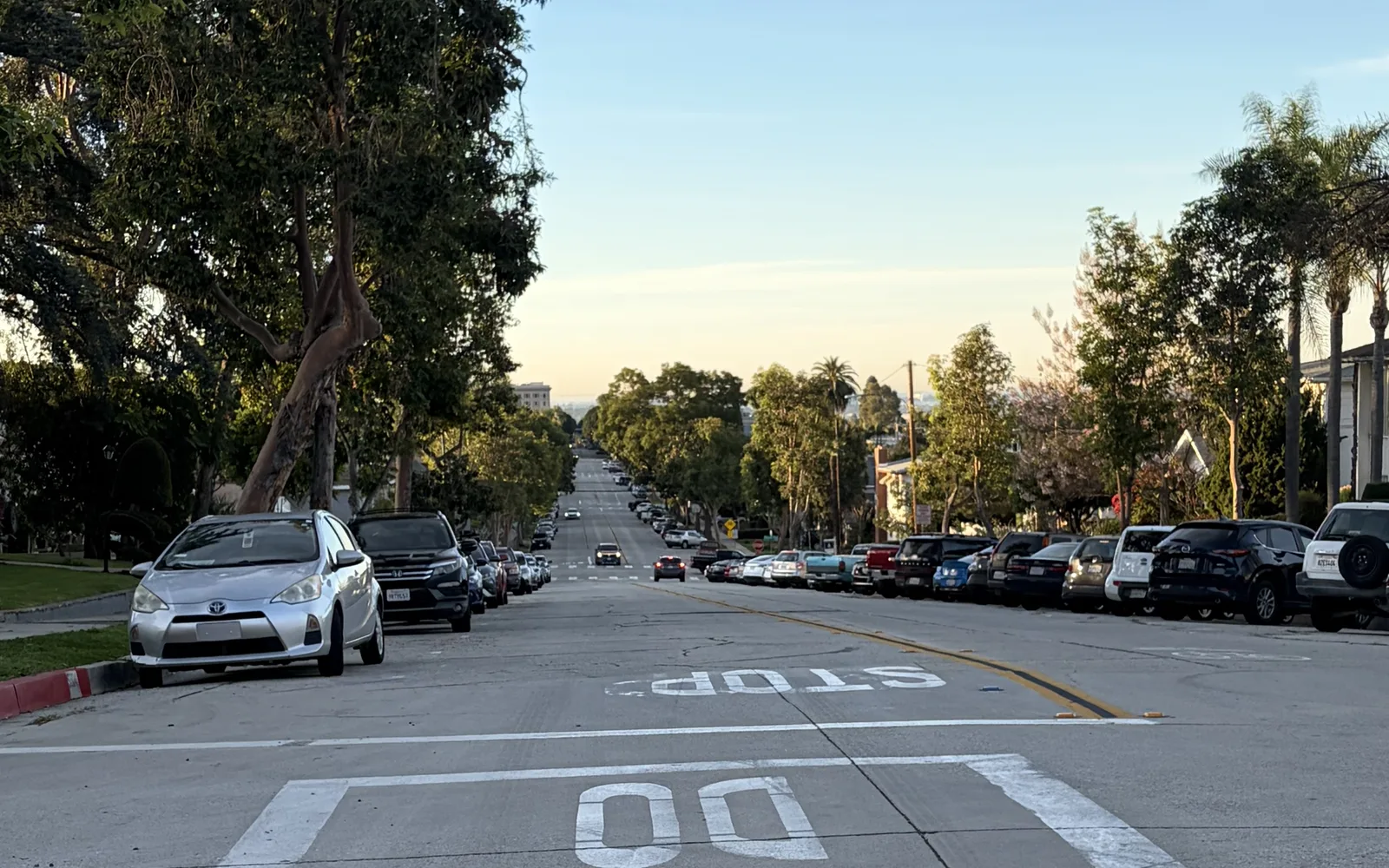 Tree-lined residential street in uptown Whittier showing neighborhood homes and streetscape