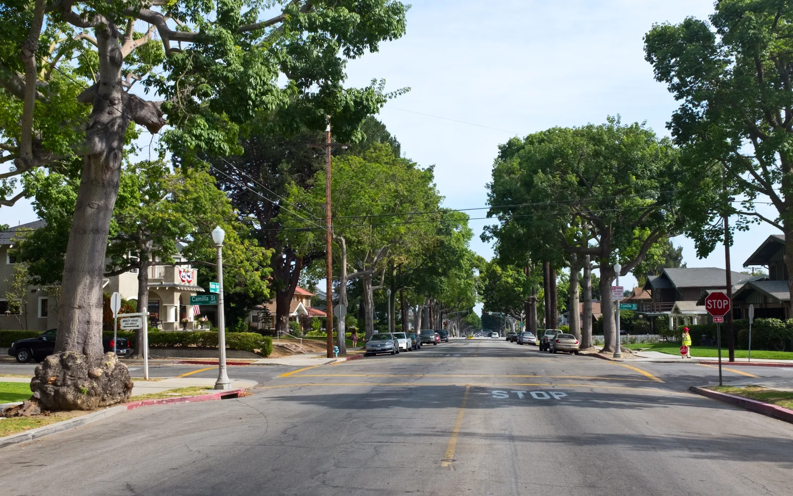 Residential neighborhood street in Whittier, California showing typical homes and tree-lined streetscape